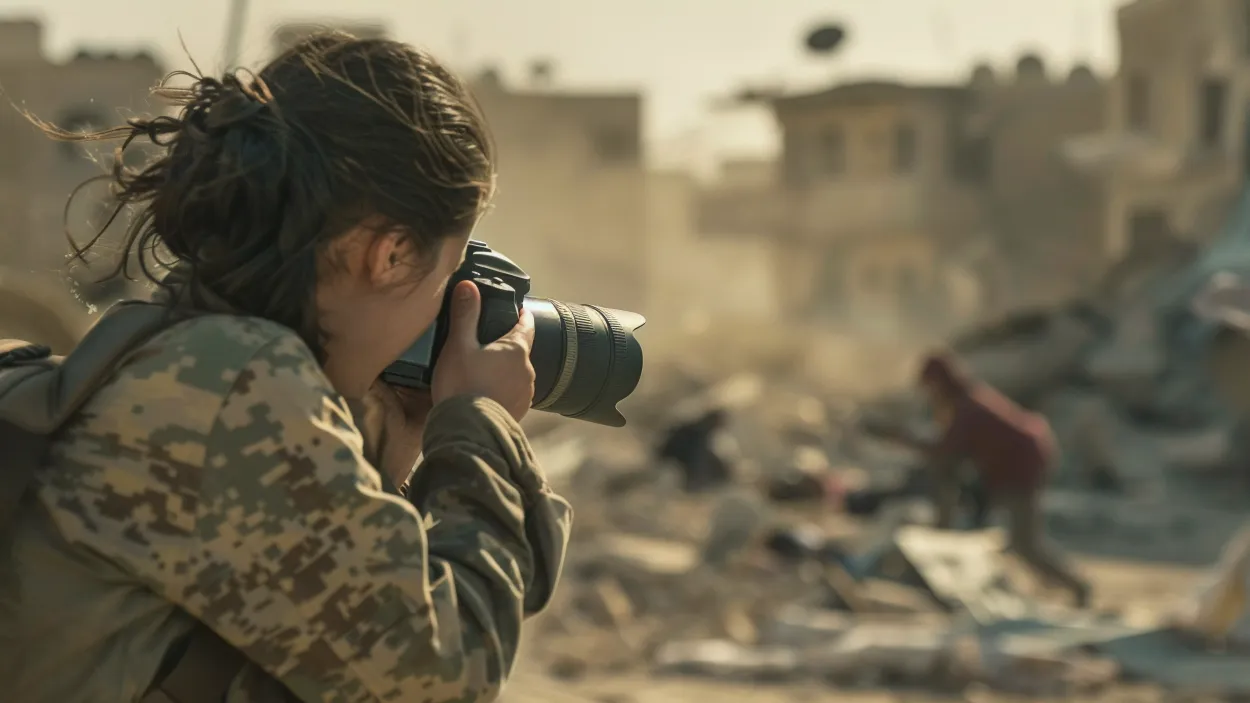 Imagen de una fotógrafa en un escenario de guerra