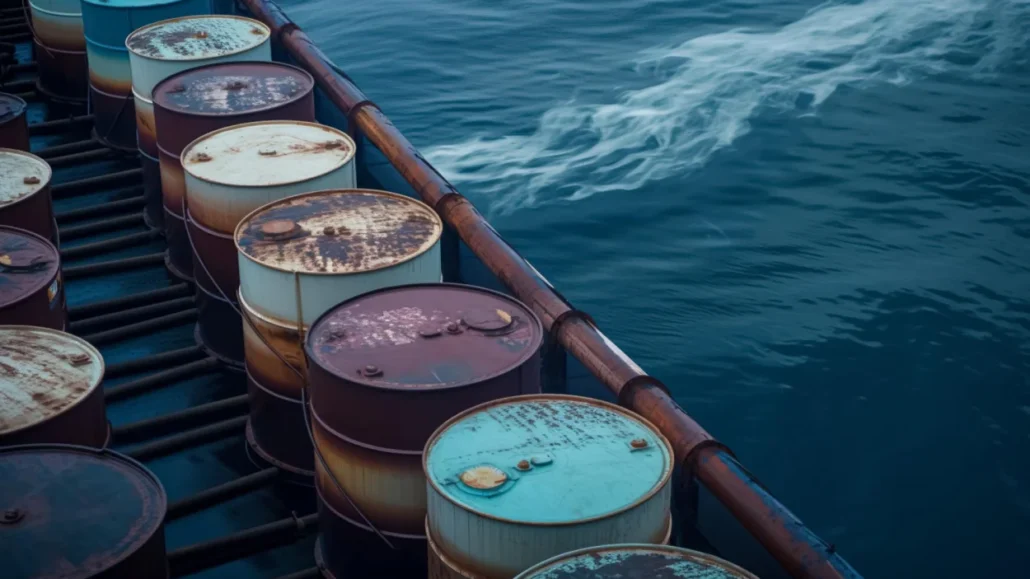 Fila de barriles industriales metálicos en un barco
