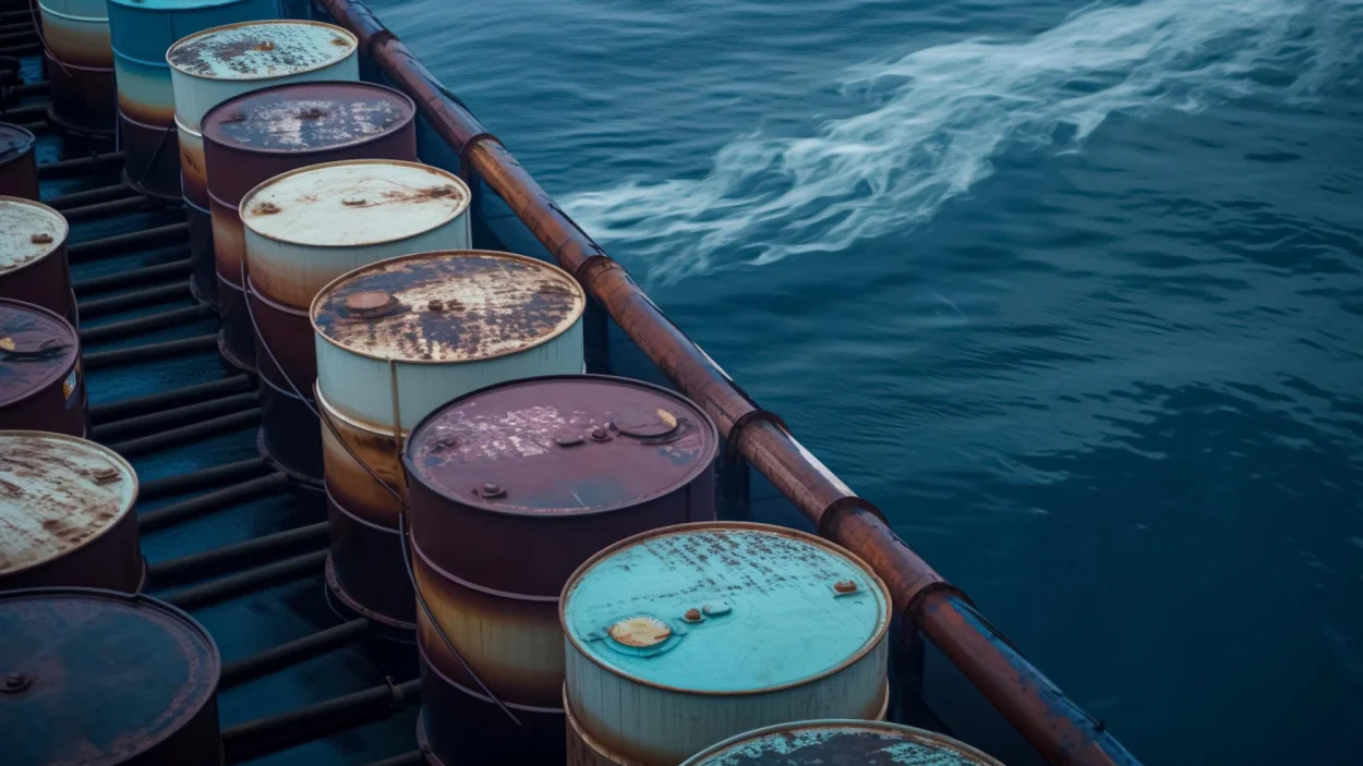 Fila de barriles industriales metálicos en un barco